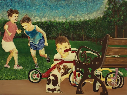 1975 - Oleo sobre tela - 79 cm x 105 cm - Alegoria a los niños en el año 1975 cuando la diversión era distinta, los juegos unian y generaban enorme alegría.